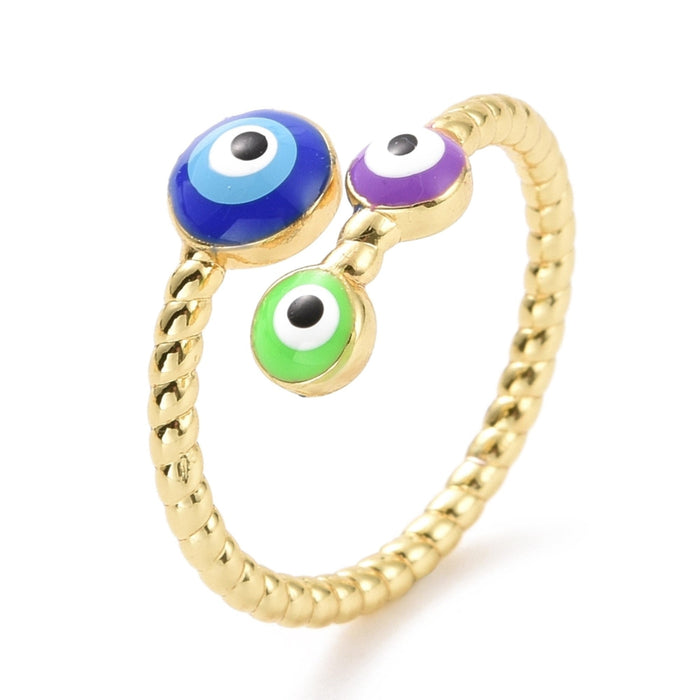 Evil Eye Open Cuff Ring, Light Gold Plated, Cadmium Free & Lead Free, US Size 8.5, Adjustable Size, 10 Pieces in a Pack, #0049