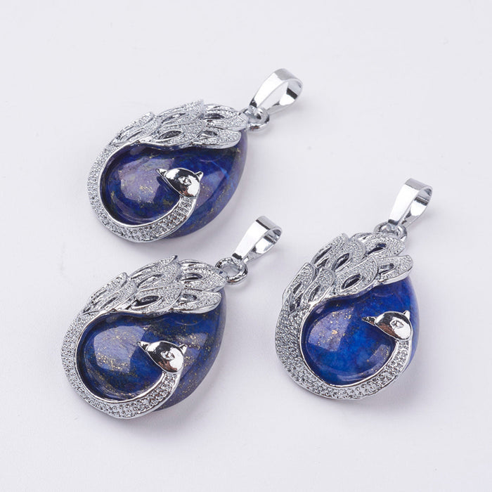 Lapis Lazuli Teardrop Shaped Pendant with Peacock, 5 Pieces in a Pack, #105