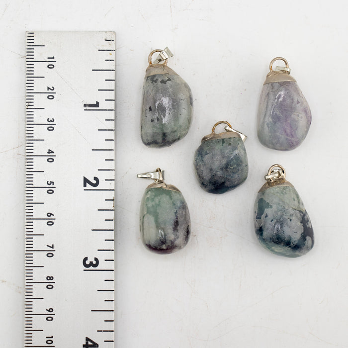 Fluorite Mixed Shape Pendants, Silver Plated, 0.55" x 1.10" Inch, 5 Pieces in a Pack, #017