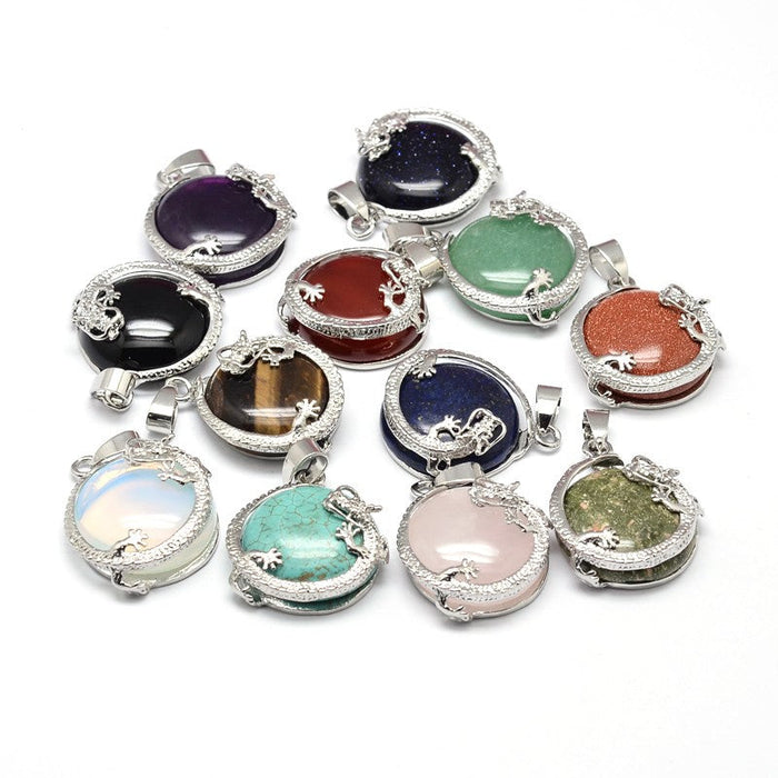 Assorted Stone Flat Round with Dragon Shaped Pendants, 5 Pieces in a Pack, #083