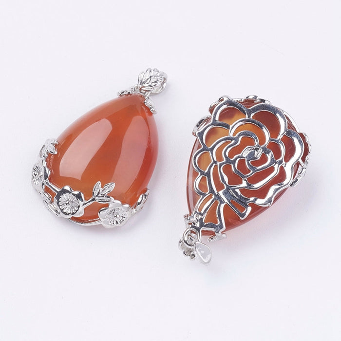 Red Agate Teardrop Shaped Pendant with Peacock, 5 Pieces in a Pack, #102