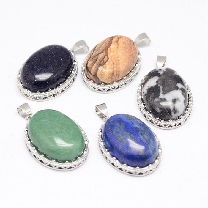 Assorted Stone Oval Shaped Pendants, 5 Pieces in a Pack #087