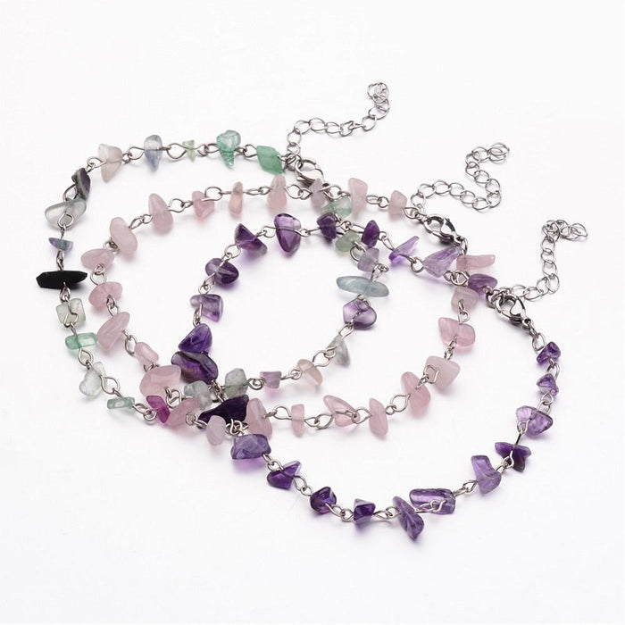 Natural Gemstone Chip Beaded Anklets, with 304 Stainless Steel Lobster Claw Clasps and Iron Findings, Silver Color, 5 Pieces in a Pack #001