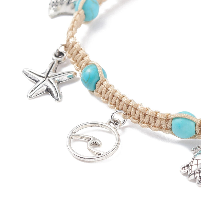 Synthetic Turquoise Braided Bead Anklet, Tortoise & Starfish & Shell Alloy Charm Adjustable, 5 Pieces in a Pack #001