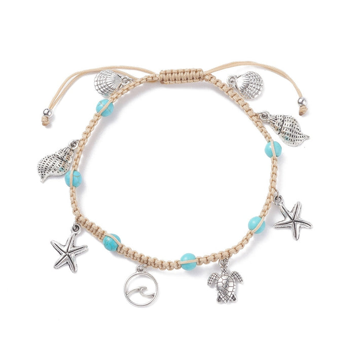 Synthetic Turquoise Braided Bead Anklet, Tortoise & Starfish & Shell Alloy Charm Adjustable, 5 Pieces in a Pack #001