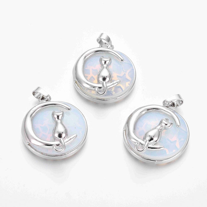Opalite Cat on Moon Pendant, 5 Pieces in a Pack