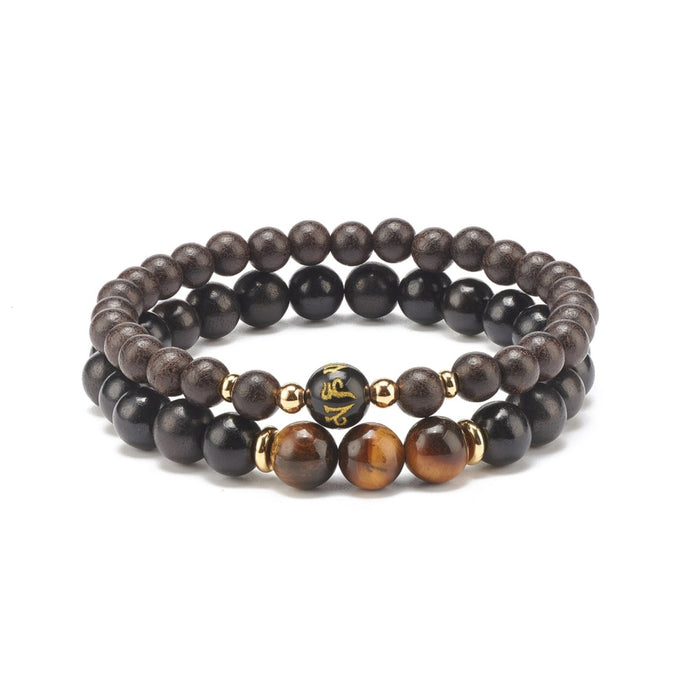 Tiger Eye & Wood Set Bracelet, 8mm, 5 Sets in a Pack