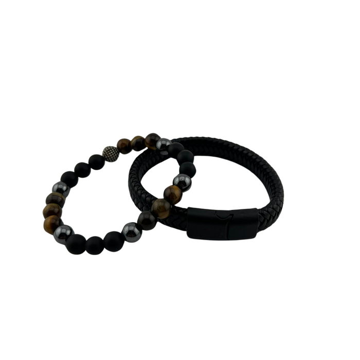 Tiger Eye & Woven Set Bracelet, 8mm, 5 Sets in a Pack