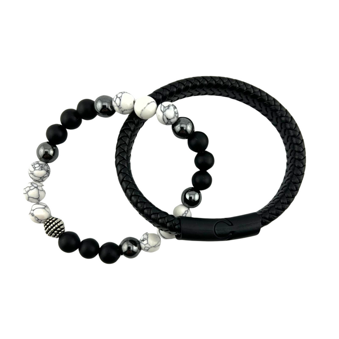 Howlite & Woven Bracelets Sets, Black Color, 8 mm, 5 Sets in a Pack #238