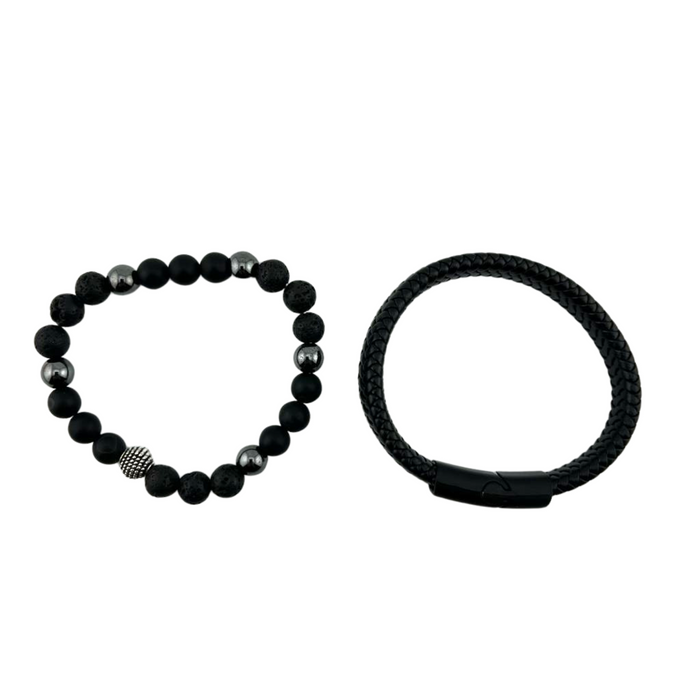 Lava Stone & Woven Set Bracelet, 8mm, 5 Sets in a Pack