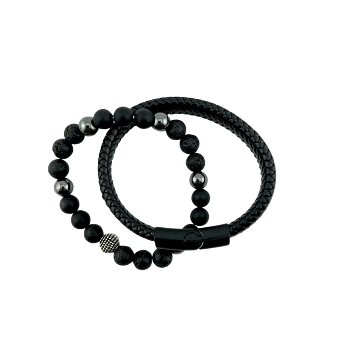 Lava Stone & Woven Bracelets Sets, Black Color, 8 mm, 5 Sets in a Pack #237