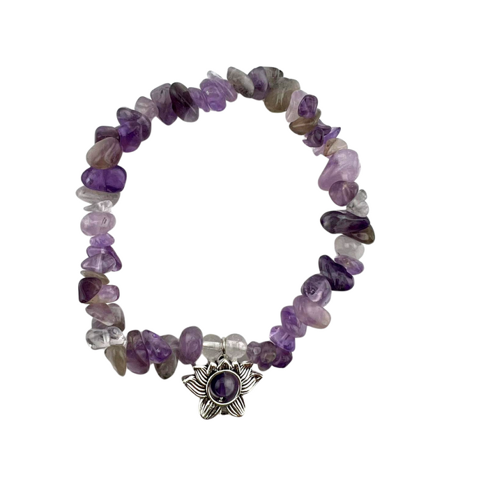 Amethyst Chip Stone Bracelet, with Flower Charm, Silver Color, 5 Pieces in a Pack #070