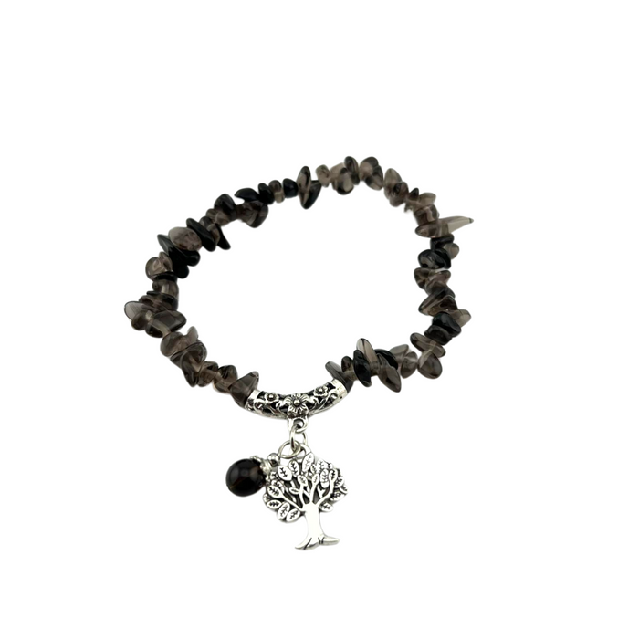 Smoky Quartz Chip Stone Bracelet, with Tree of Life Charm, Silver Color, 5 Pieces in a Pack #064