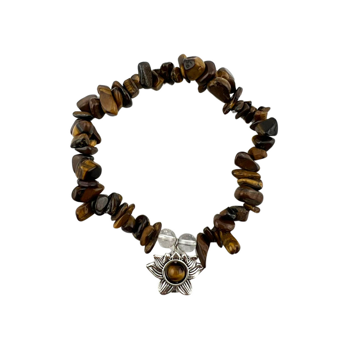 Tiger Eye Chip Stone Bracelet, with Flower Charm, Silver Color, 5 Pieces in a Pack #069