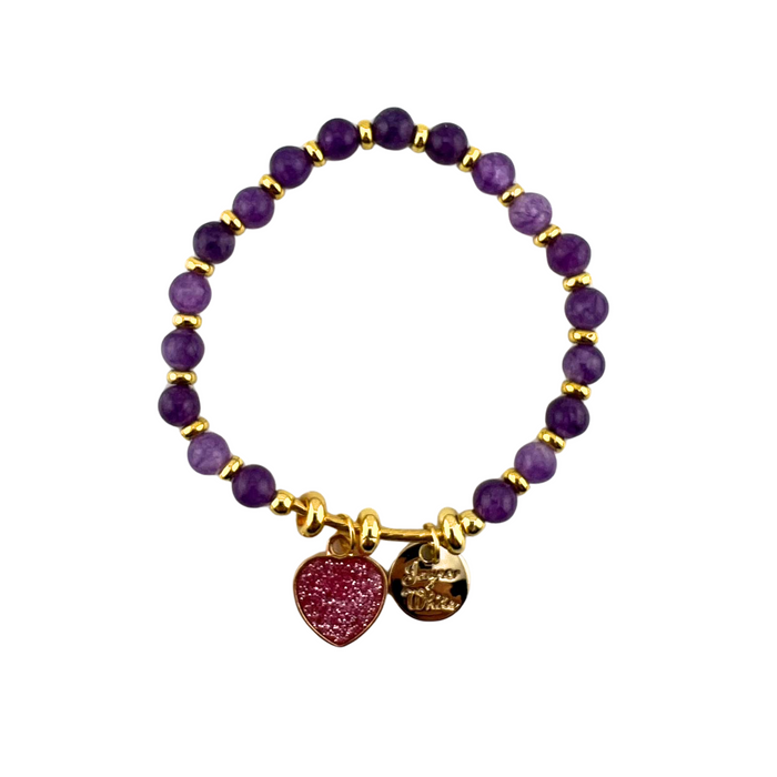 Amethyst Bracelet, with Heart Charm, Gold Color, 6 mm, 5 Pieces in a Pack #528