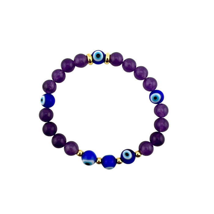 Amethyst Bracelet, with Evil Eye Beads, 8 mm, 5 Pieces in a Pack #557