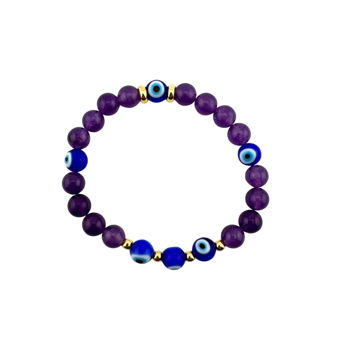 Amethyst & Evil Eye Bracelet, 8mm, 5 Pieces in a Pack