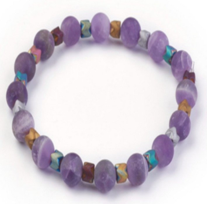 Frosted Amethyst & Multi Color Hematite Bracelet, 8mm, 5 Pieces in a Pack