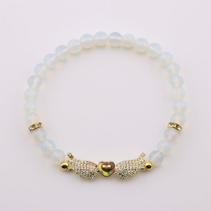 Opalite & Heart Wing Symbol Bracelet, 6mm, 5 Pieces in a Pack