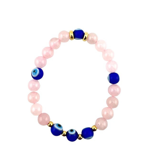 Rose Quartz & Evil Eye Bracelet, 8mm, 5 Pieces in a Pack