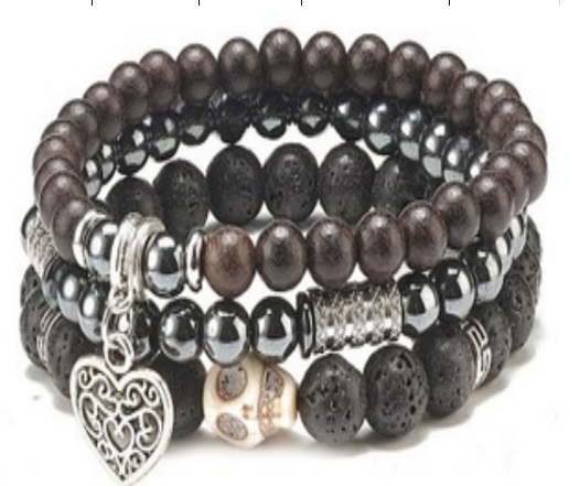 Lava Stone & Hematite & Coconut Set Bracelet, 8mm, 5 Sets in a Pack