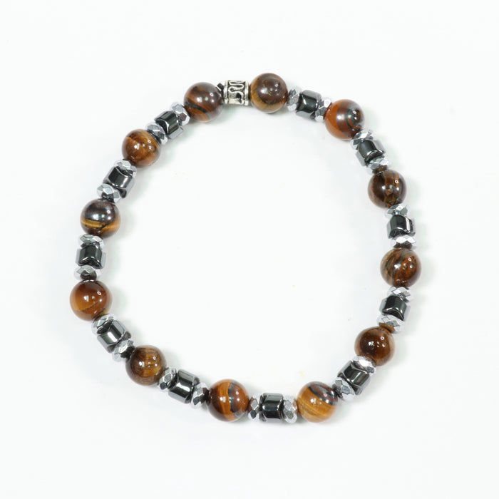 Tiger Eye & Hematite Bracelet, Silver Color, 8 mm, 5 Pieces in a Pack #106