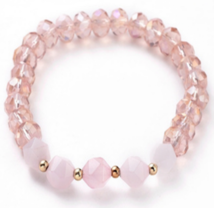 Faceted Rondelle Glass & Rose Quartz Bracelet, 8mm, 5 Pieces in a Pack