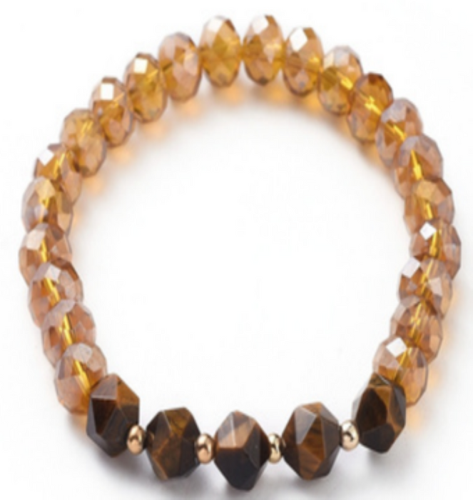 Faceted Rondelle Glass & Tiger Eye Bracelet, 8mm, 5 Pieces in a Pack