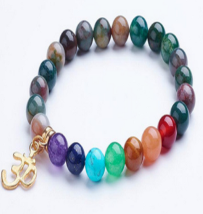 Indian Agate & Chakra Bracelet, 8mm, 5 Pieces in a Pack