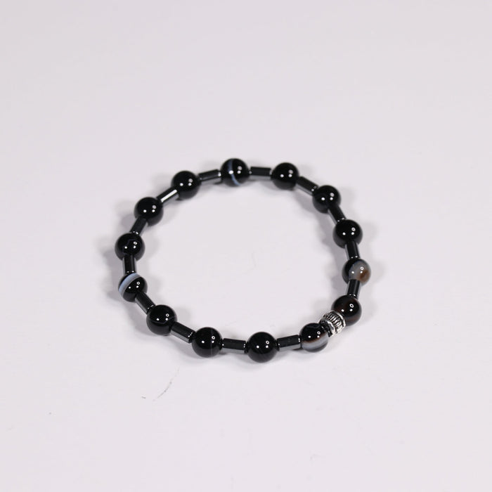 Black Stripe Agate & Hematite Bracelet, Silver Color, Dyed, 8 mm,  Mix Pack, 5 Pieces in a Pack#404