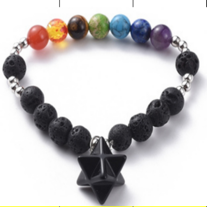 Lava Stone & Obsidian & Chakra Bracelet, 8mm, 5 Pieces in a Pack