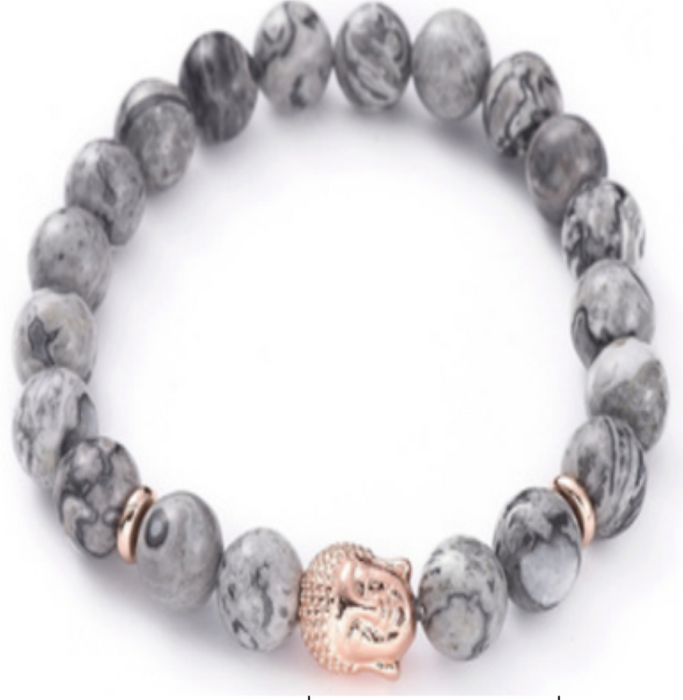 Grey Jasper & Buddha Bracelet, 8mm, 5 Pieces in a Pack