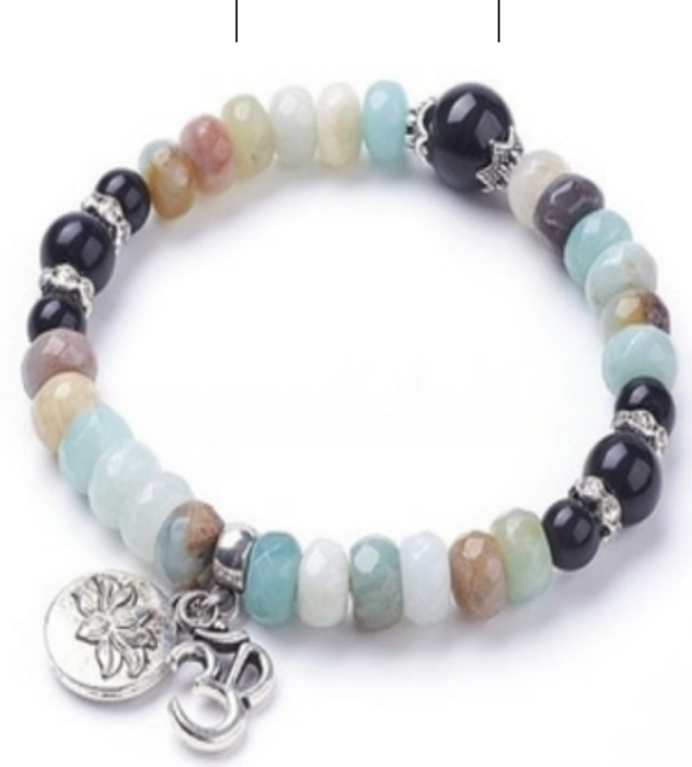 Flower Amazonite & Obsidian Bracelet, 8mm, 5 Pieces in a Pack