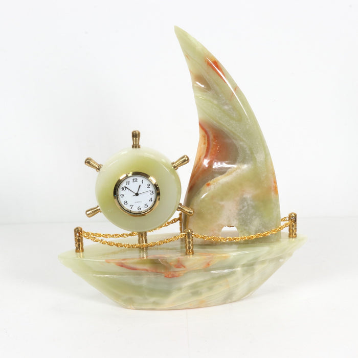 Green Onyx Sail Boat Clock, Hand Carved, 8" x 8" Inch, Large #002