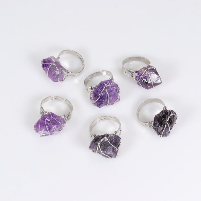 Amethyst Wire Wrapped Ring, Adjustable Size, 10 Pieces in a Pack, #0006