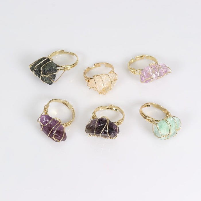 Assorted Stones Wire Wrapped Ring, Adjustable Size, 10 Pieces in a Pack, #0004