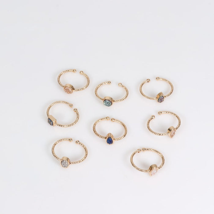 Assorted Stones Mixed Shape Ring,  Gold Plated Druzy, Adjustable Size, 10 Pieces in a Pack, #0001