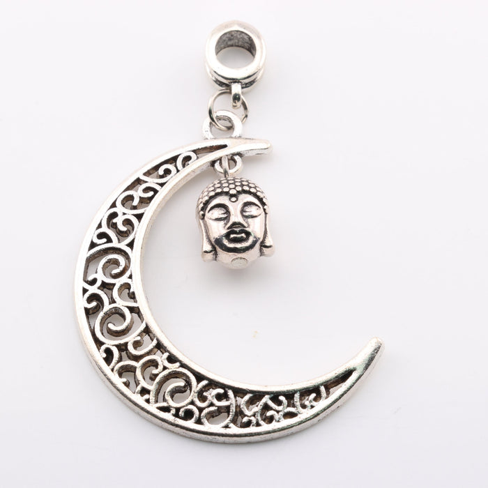 Moon Shaped Brass Pendant, Metal, with Buddha Head Alloy, Silver Color, 2" Inch, 5 Pieces in a Pack, #118