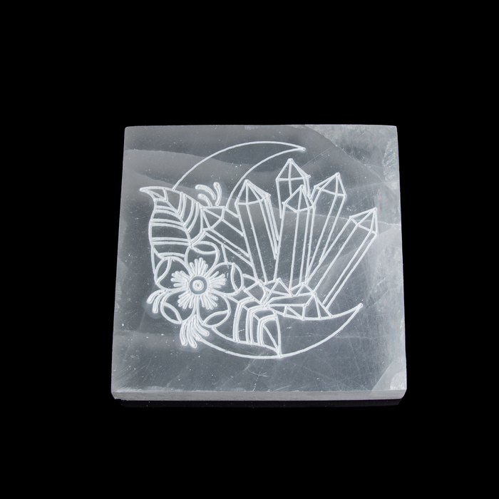 Selenite Engraved Square Charging Plate, 4"-4,5" Inch, #002