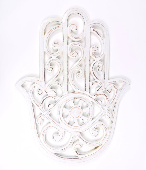 Wood Carved Hamsa Hand Plaque, White, 12" Inch, #011