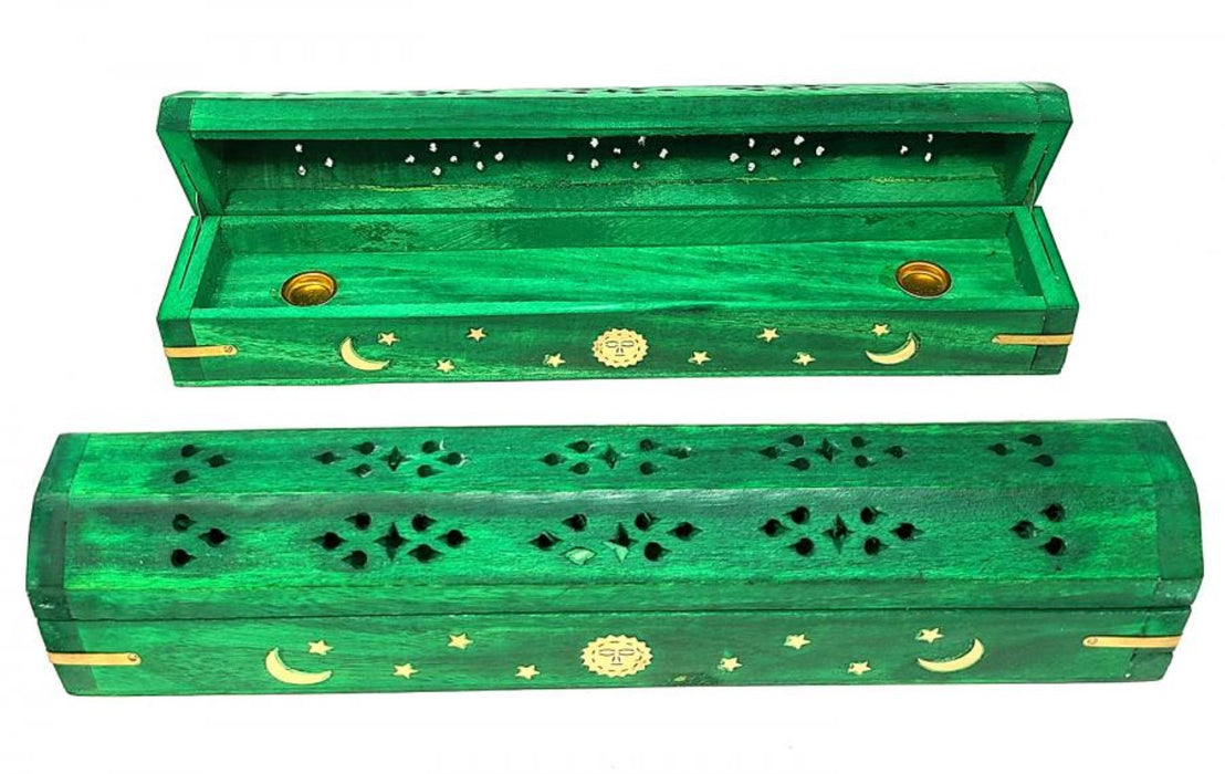 Wood Incense Box Burner, Celestial Green, 12"L , 2 Pieces