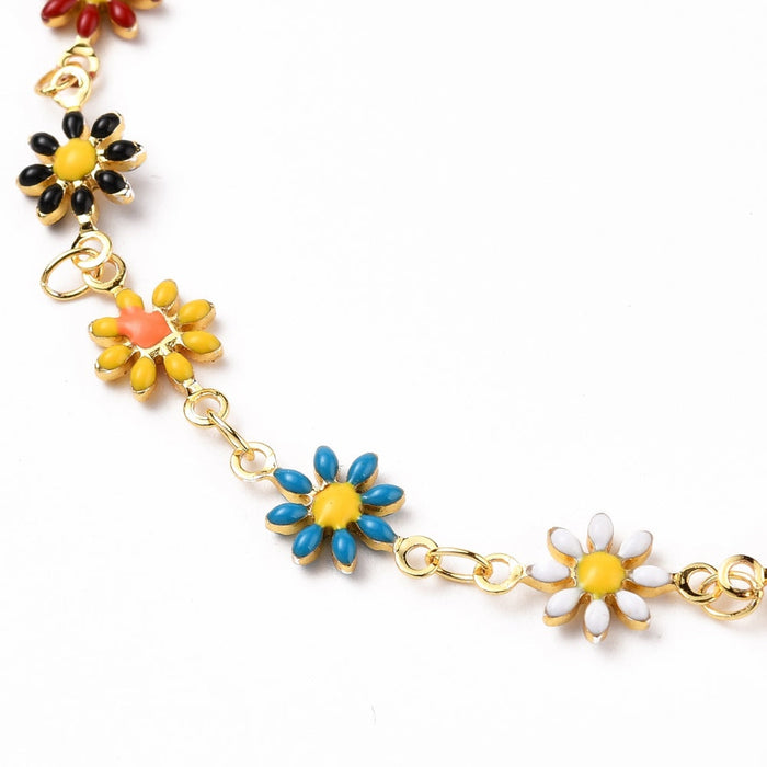 Brass Flower Enamel Links Anklets, with Brass Curb Chains & Lobster Claw Clasps, Mix Color, 5 Pieces in a Pack #004