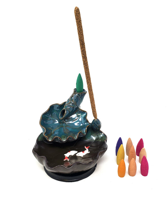 Lotus Ceramic Backflow Cone & Stick Incense Burner, 4.5" H x 5"W, 1 Piece