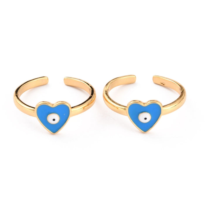 Heart Shaped Ring with Evil Eye Real 18K Gold Plated, Mixed Color, US Size 6, Adjustable Size, 10 Pieces in a Pack, #0047