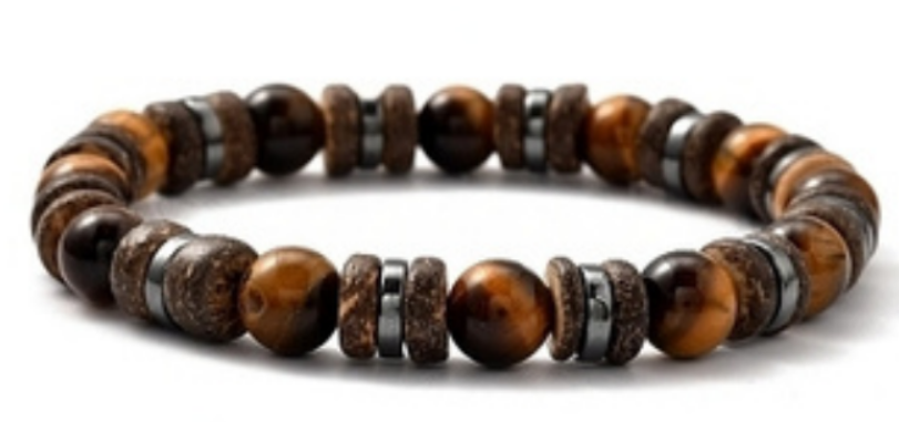 Tiger Eye & Wood Bracelet, 8mm, 5 Pieces in a Pack