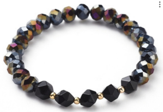 Faceted Rondelle Glass & Black Onyx Bracelet, 8mm, 5 Pieces in a Pack