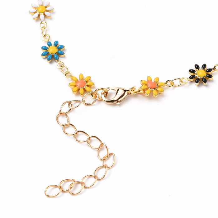 Brass Flower Enamel Links Anklets, with Brass Curb Chains & Lobster Claw Clasps, Mix Color, 5 Pieces in a Pack #004