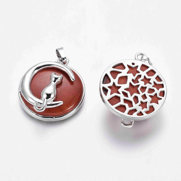 Red Jasper Cat on Moon Pendant, 5 Pieces in a Pack