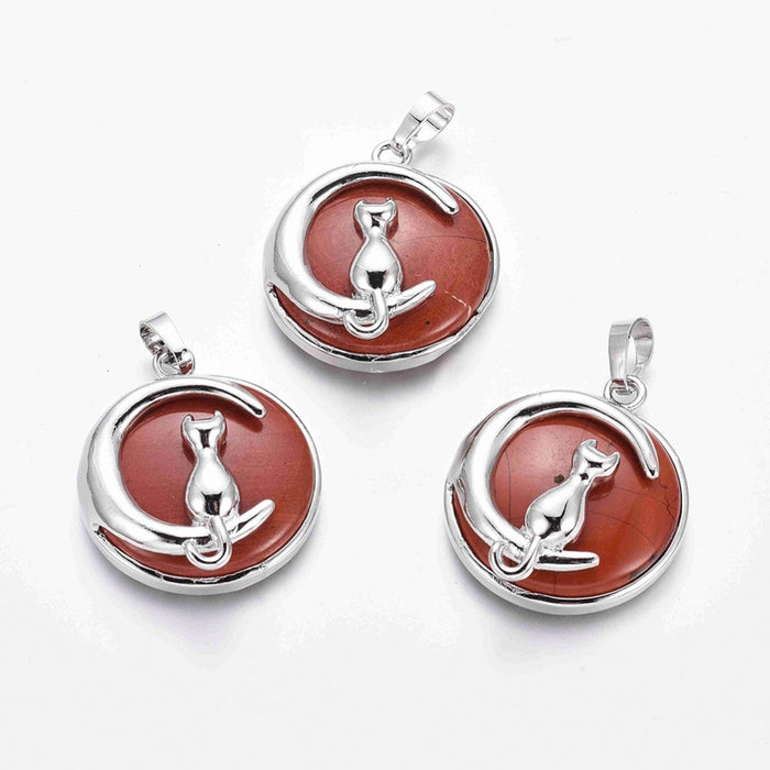 Red Jasper Cat on Moon Pendant, 5 Pieces in a Pack