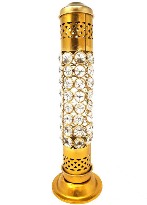 Brass Tower Incense Stick Burner, with Crystal Beads, 12", 1 Piece